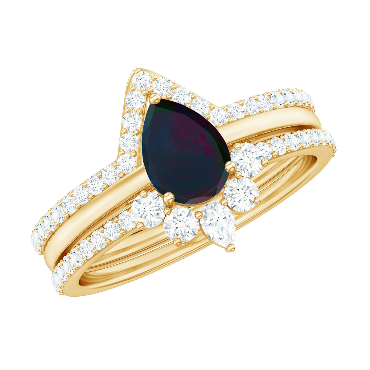 Natural Black Opal Bridal Ring Set With Moissanite