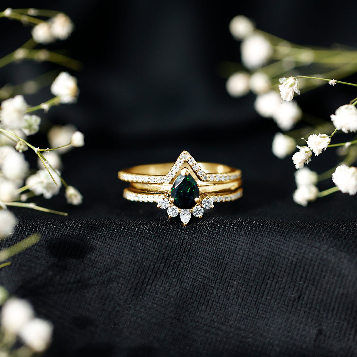 Natural Black Opal Bridal Ring Set With Moissanite