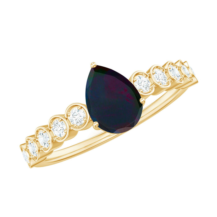 Pear cut black opal and diamond side stone engagement ring by Rosec Jewels featuring a striking pear-shaped black opal center with accent diamonds.