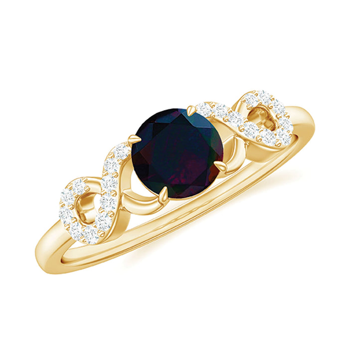 Round black opal criss cross promise ring with diamond accents, crafted by Rosec Jewels, featuring a sleek black and silver design.
