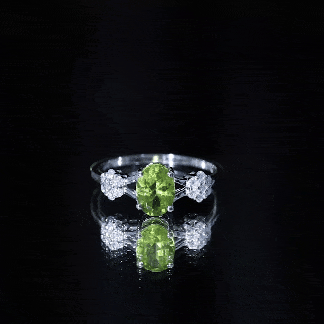 Yellow gold 1 carat oval cut peridot flower engagement ring with diamond accents, featuring intricate floral design from Rosec Jewels.