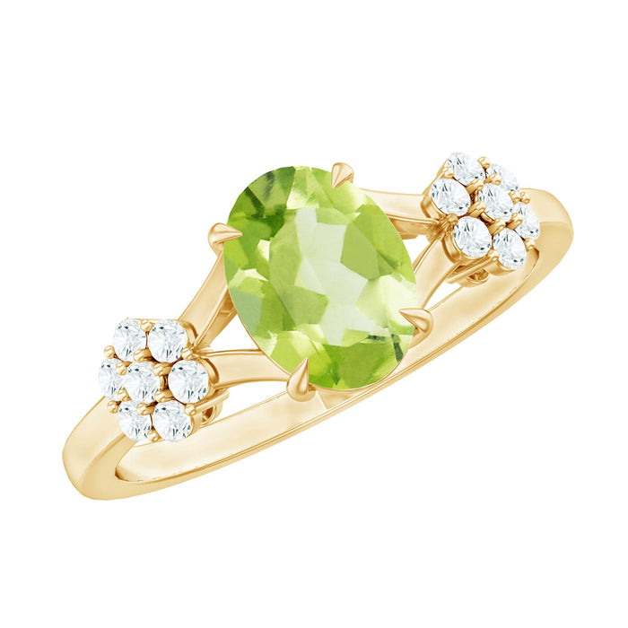 Oval cut peridot flower engagement ring with diamonds, showcasing a 1-carat gemstone and intricate silver band.