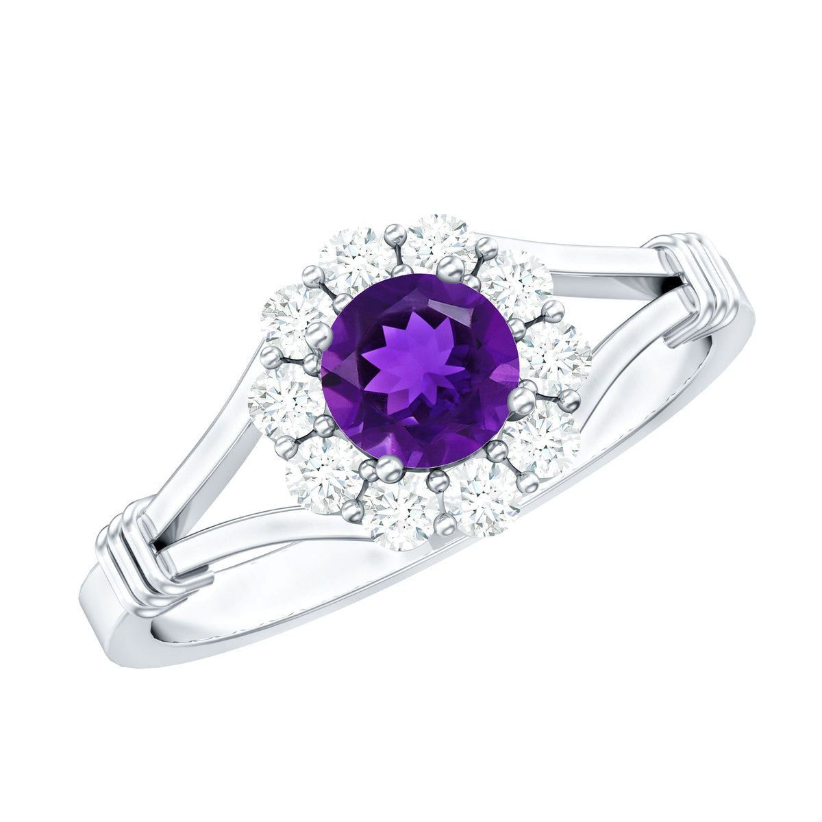 Amethyst and diamond halo split shank ring by Rosec Jewels, featuring a central purple amethyst gemstone with sparkling diamond accents.