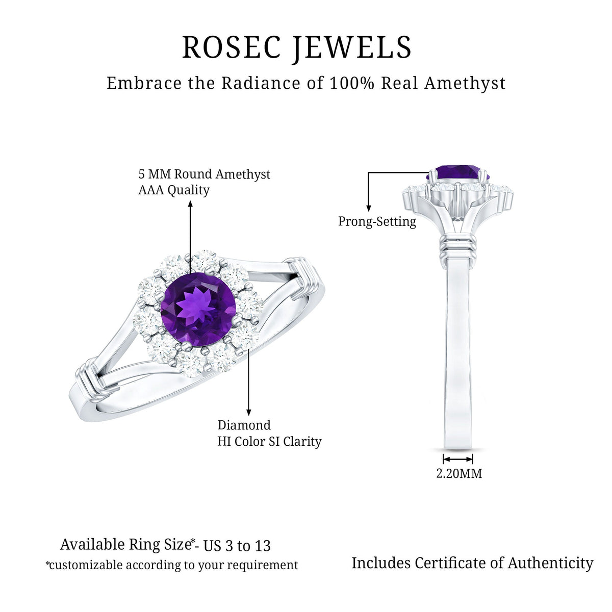 Amethyst and diamond halo split shank ring by Rosec Jewels featuring a central purple gemstone with sparkling diamond accents.