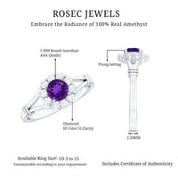 Amethyst and diamond halo split shank ring by Rosec Jewels featuring a central purple gemstone with sparkling diamond accents.