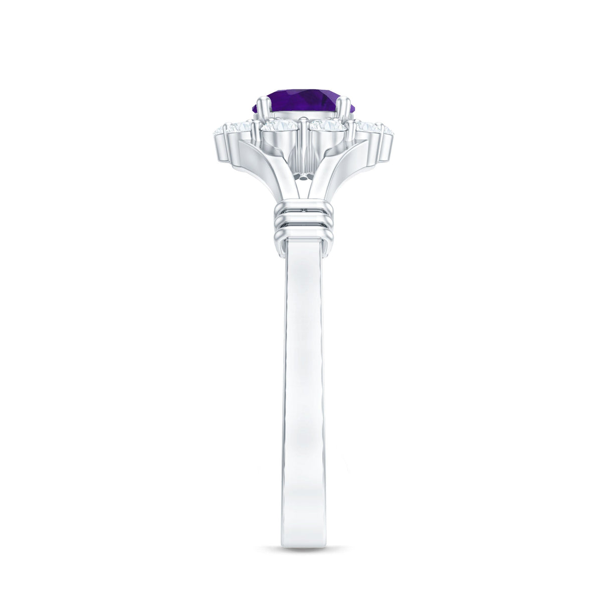 Amethyst and diamond halo split shank ring by Rosec Jewels featuring a central purple amethyst gemstone with sparkling diamond accents.