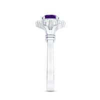 Amethyst and diamond halo split shank ring by Rosec Jewels featuring a central purple amethyst gemstone with sparkling diamond accents.