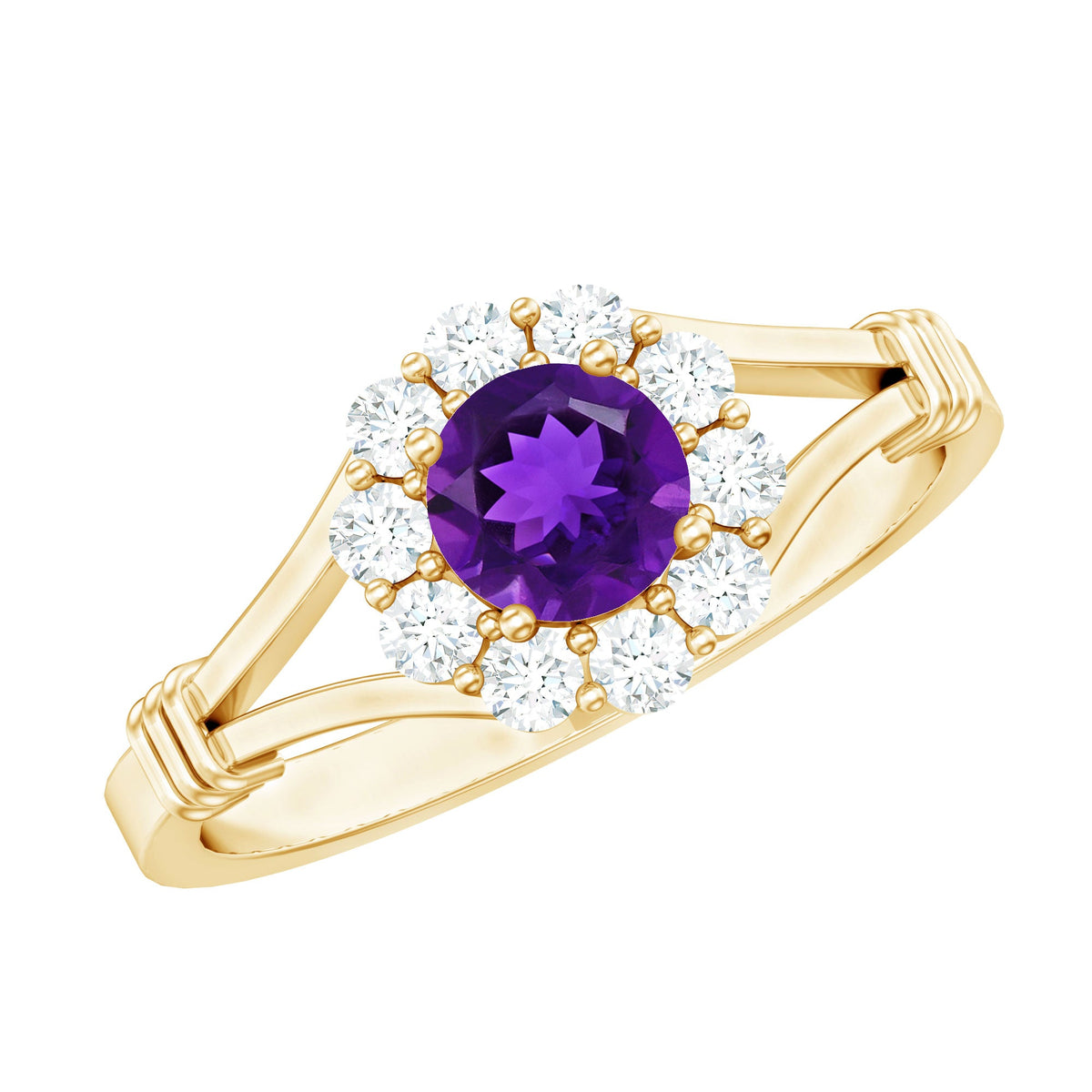 Amethyst and diamond halo split shank ring by Rosec Jewels featuring a central purple gemstone with sparkling diamonds and elegant band.