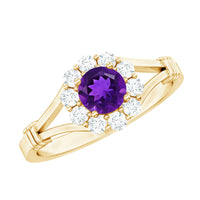 Amethyst and diamond halo split shank ring by Rosec Jewels featuring a central purple gemstone with sparkling diamonds and elegant band.