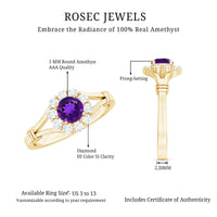1 CT Amethyst and Diamond Halo Split Shank Ring by Rosec Jewels, featuring a central amethyst gemstone with diamond accents.