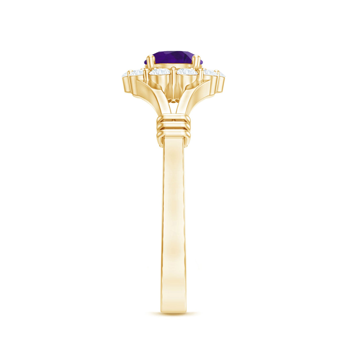 Amethyst and diamond halo split shank ring from Rosec Jewels, featuring a central gemstone surrounded by sparkling diamonds.