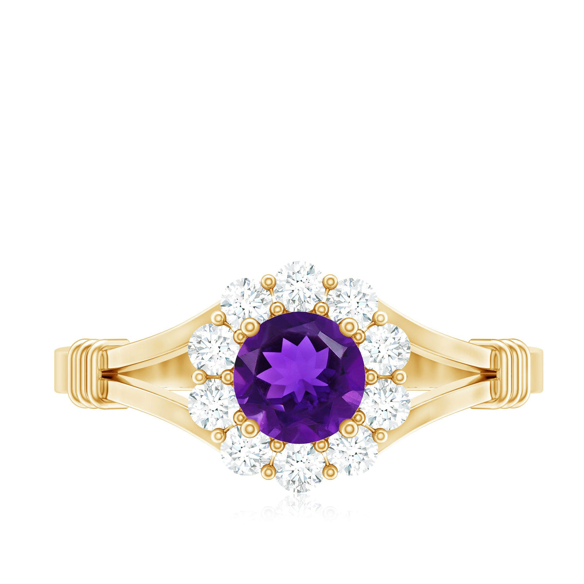Amethyst and diamond halo split shank ring by Rosec Jewels featuring a central purple gemstone with sparkling diamond accents