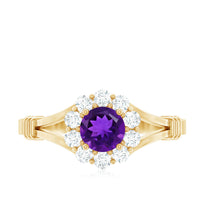 Amethyst and diamond halo split shank ring by Rosec Jewels featuring a central purple gemstone with sparkling diamond accents