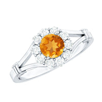 Genuine citrine diamond flower engagement ring with split shank by Rosec Jewels, featuring intricate floral design and sparkling gemstones.