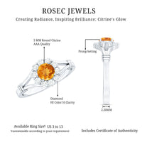 Genuine citrine diamond flower engagement ring with split shank design from Rosec Jewels, showcasing intricate floral details and sparkling gemstones.