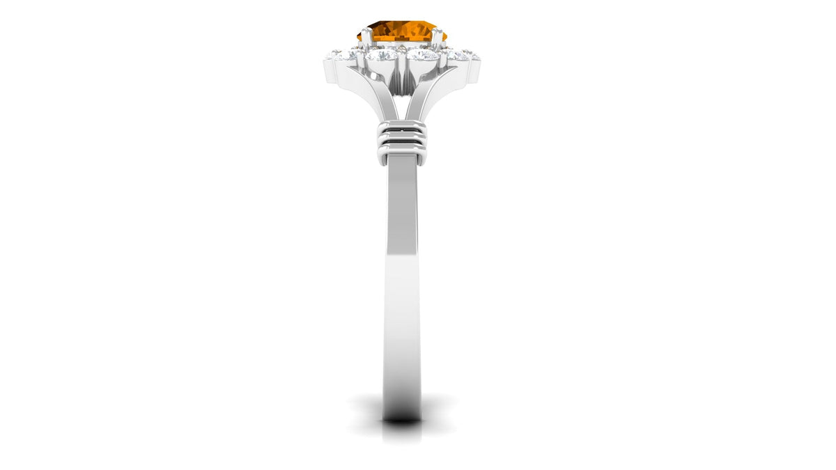 Genuine citrine diamond flower engagement ring with split shank by Rosec Jewels, featuring a floral design and sparkling gemstones.