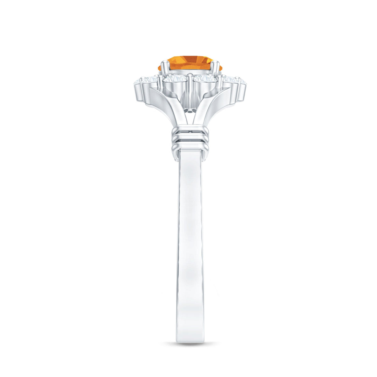 Genuine Citrine and Diamond flower engagement ring with split shank design by Rosec Jewels, showcasing intricate floral details.