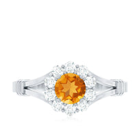 Genuine citrine and diamond flower engagement ring with split shank design by Rosec Jewels, showcasing a detailed floral motif in gold