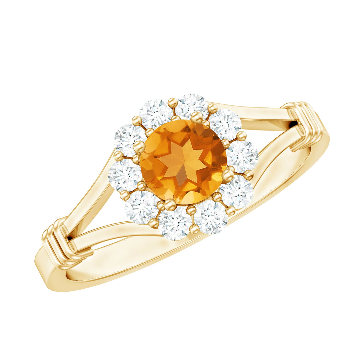 Genuine citrine diamond flower engagement ring with split shank from Rosec Jewels, featuring a vibrant citrine center and sparkling diamonds.
