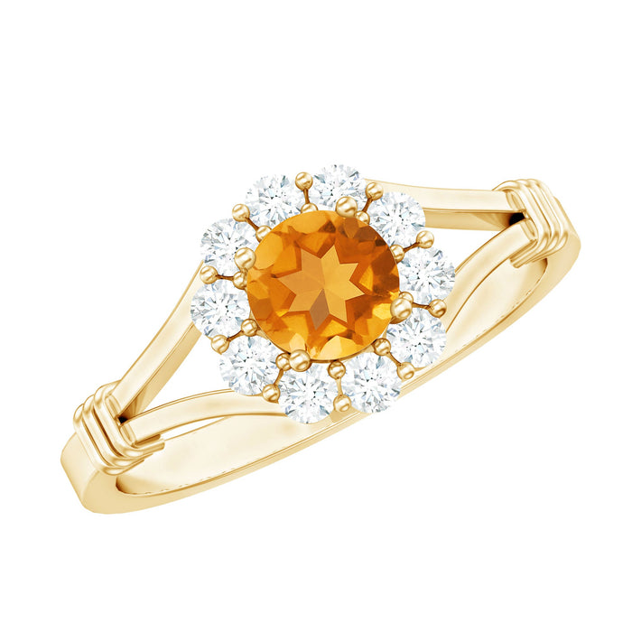 Genuine citrine diamond flower engagement ring with split shank from Rosec Jewels, featuring a vibrant citrine center and sparkling diamonds.