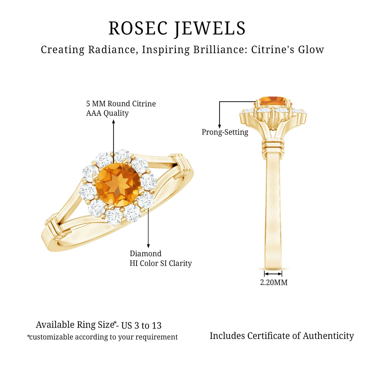 Genuine citrine and diamond flower engagement ring with split shank design from Rosec Jewels, showcasing intricate gemstone details.