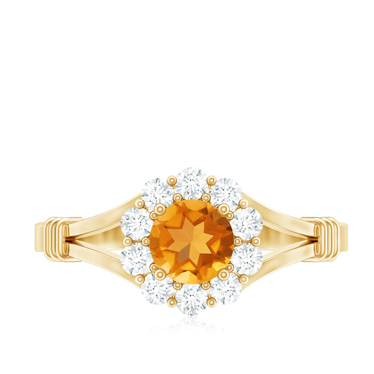 Genuine citrine diamond flower engagement ring with split shank design by Rosec Jewels, featuring a floral motif and sparkling gemstones.