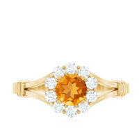 Genuine citrine diamond flower engagement ring with split shank design by Rosec Jewels, featuring a floral motif and sparkling gemstones.