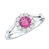 Real pink tourmaline and diamond engagement ring in split shank design by Rosec Jewels, featuring vibrant pink stones and sparkling diamonds.