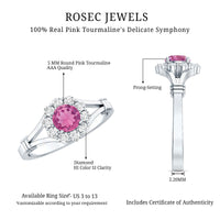 Pink tourmaline and diamond engagement ring in split shank design by Rosec Jewels, showcasing vibrant gemstones and elegant craftsmanship.