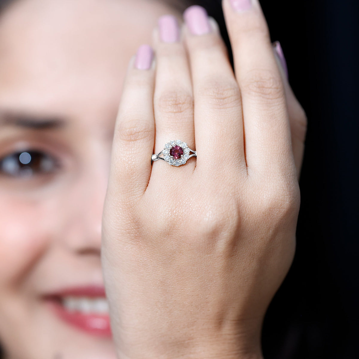 Pink tourmaline and diamond engagement ring with split shank design by Rosec Jewels, showcasing sparkling gemstones and elegant craftsmanship.