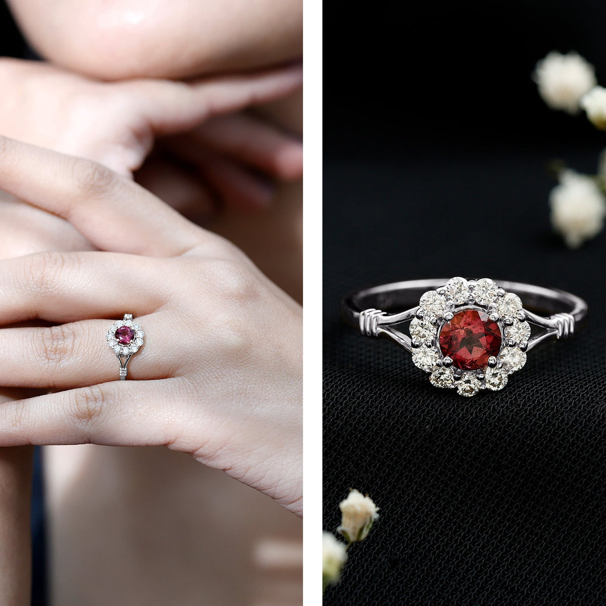 Pink tourmaline and diamond engagement ring in split shank design by Rosec Jewels, featuring a vibrant pink gemstone and sparkling accents.