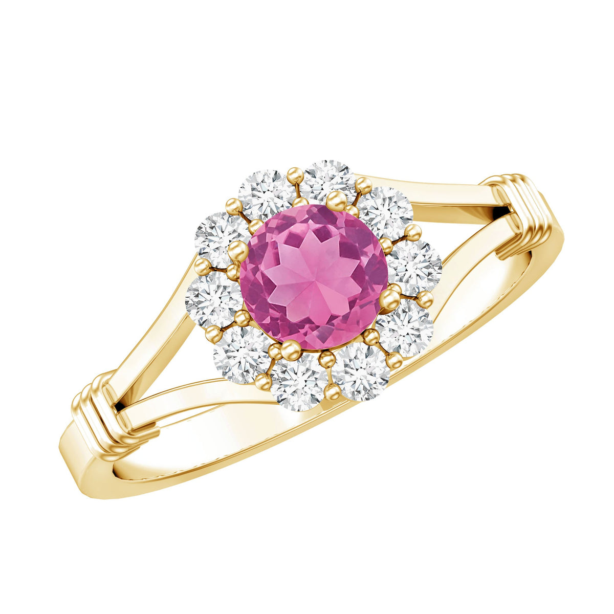 Pink tourmaline and diamond engagement ring in split shank design by Rosec Jewels, showcasing vibrant gemstones and elegant craftsmanship.