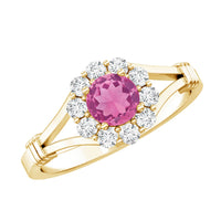 Pink tourmaline and diamond engagement ring in split shank design by Rosec Jewels, showcasing vibrant gemstones and elegant craftsmanship.
