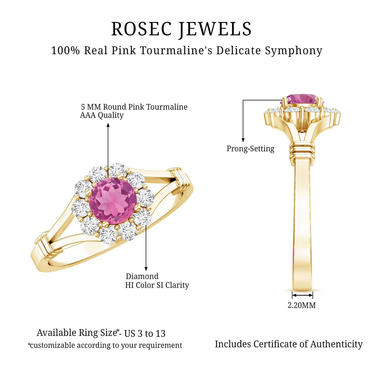 Pink tourmaline and diamond engagement ring in split shank design by Rosec Jewels, featuring vibrant pink gemstone and sparkling diamonds.