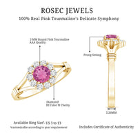 Pink tourmaline and diamond engagement ring in split shank design by Rosec Jewels, featuring vibrant pink gemstone and sparkling diamonds.