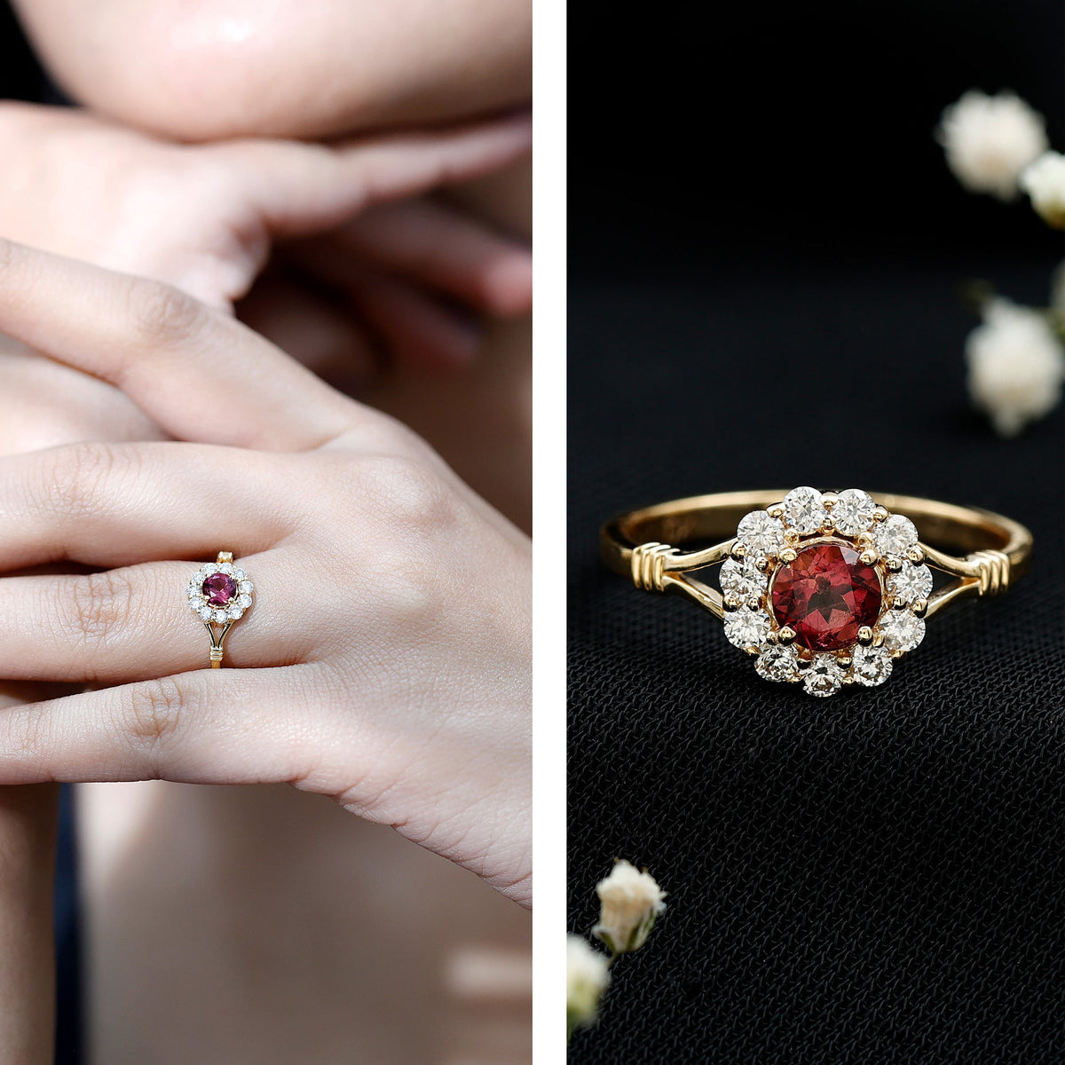 Rosec Jewels pink tourmaline and diamond engagement ring with a split shank design, featuring a vibrant pink gemstone and sparkling accents.