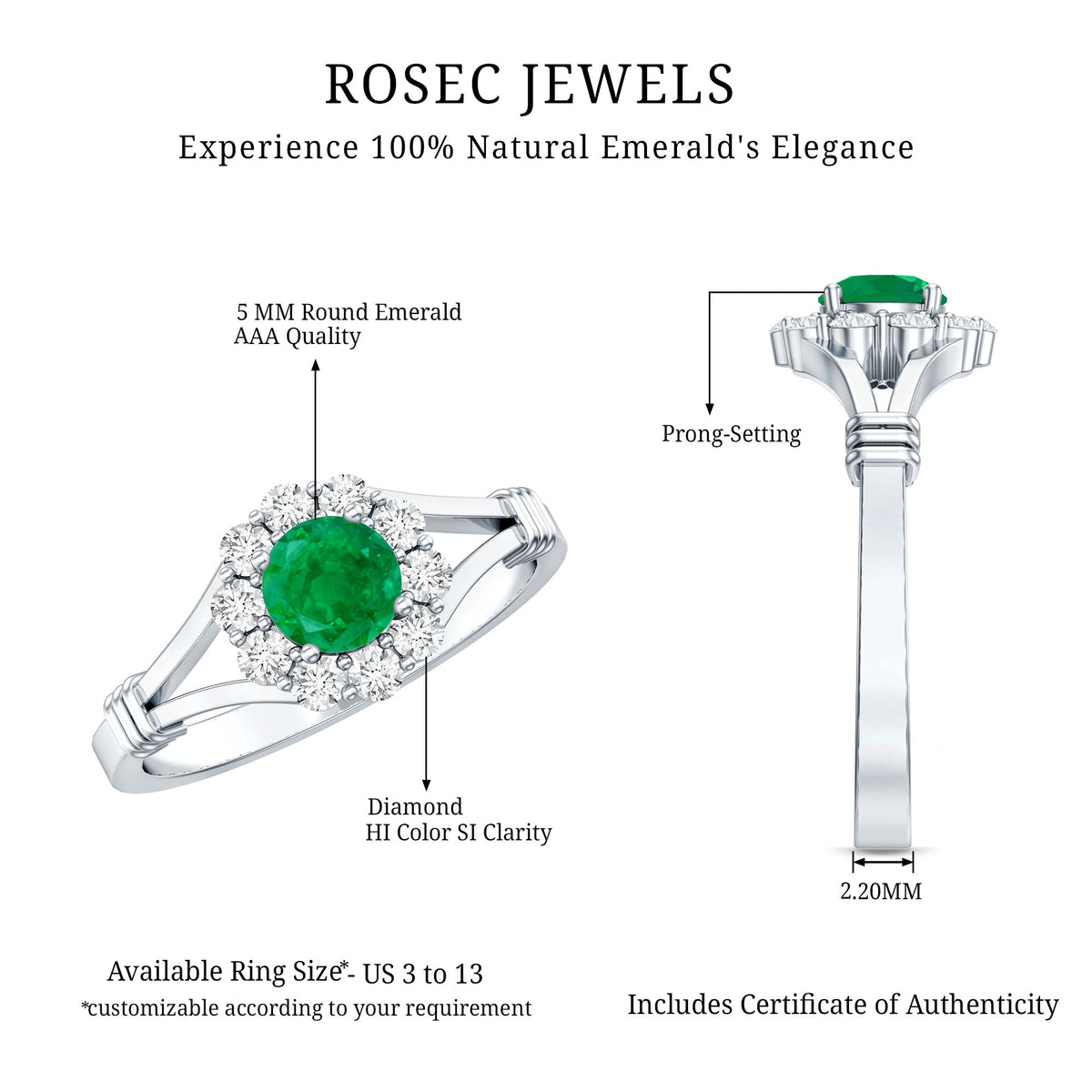 Emerald and diamond halo engagement ring by Rosec Jewels featuring a nature-inspired design and intricate detailing.