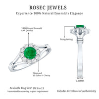 Emerald and diamond halo engagement ring by Rosec Jewels featuring a nature-inspired design and intricate detailing.