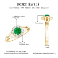 Emerald nature-inspired engagement ring with diamond halo from Rosec Jewels featuring intricate floral design and sparkling center stones.