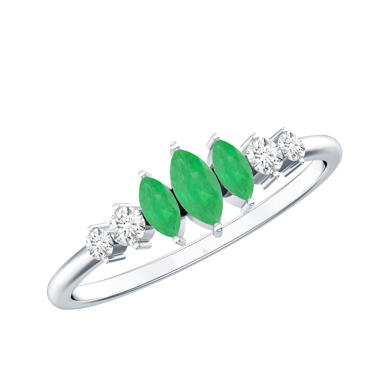 Rosec Jewels marquise emerald and diamond 3-stone anniversary ring for women, showcasing sparkling gemstones and elegant design.