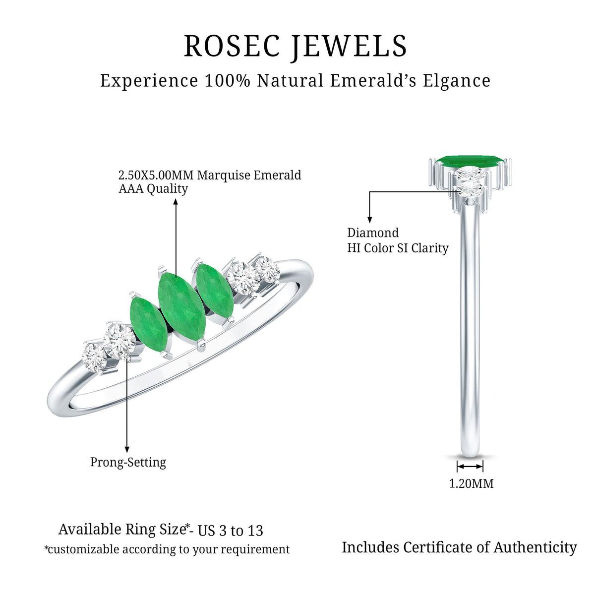 Marquise emerald and diamond 3-stone anniversary ring for women from Rosec Jewels, showcasing sparkling gemstones and elegant design.