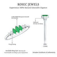 Marquise emerald and diamond 3-stone anniversary ring for women from Rosec Jewels, showcasing sparkling gemstones and elegant design.