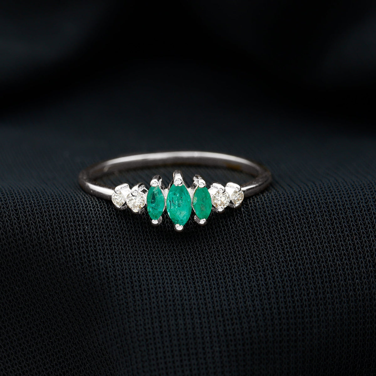 Rosec Jewels marquise emerald and diamond 3-stone anniversary ring for women, showcasing sparkling gemstones and elegant design.