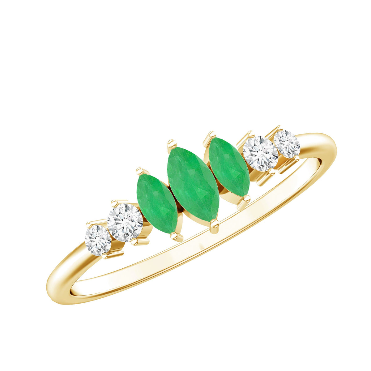Marquise emerald and diamond 3-stone anniversary ring for women by Rosec Jewels, featuring sparkling gemstones and elegant design.