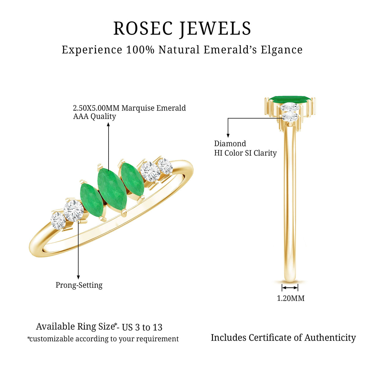 Marquise emerald and diamond 3-stone anniversary ring for women by Rosec Jewels, featuring sparkling gemstones on a silver band.