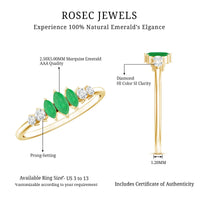 Marquise emerald and diamond 3-stone anniversary ring for women by Rosec Jewels, featuring sparkling gemstones on a silver band.