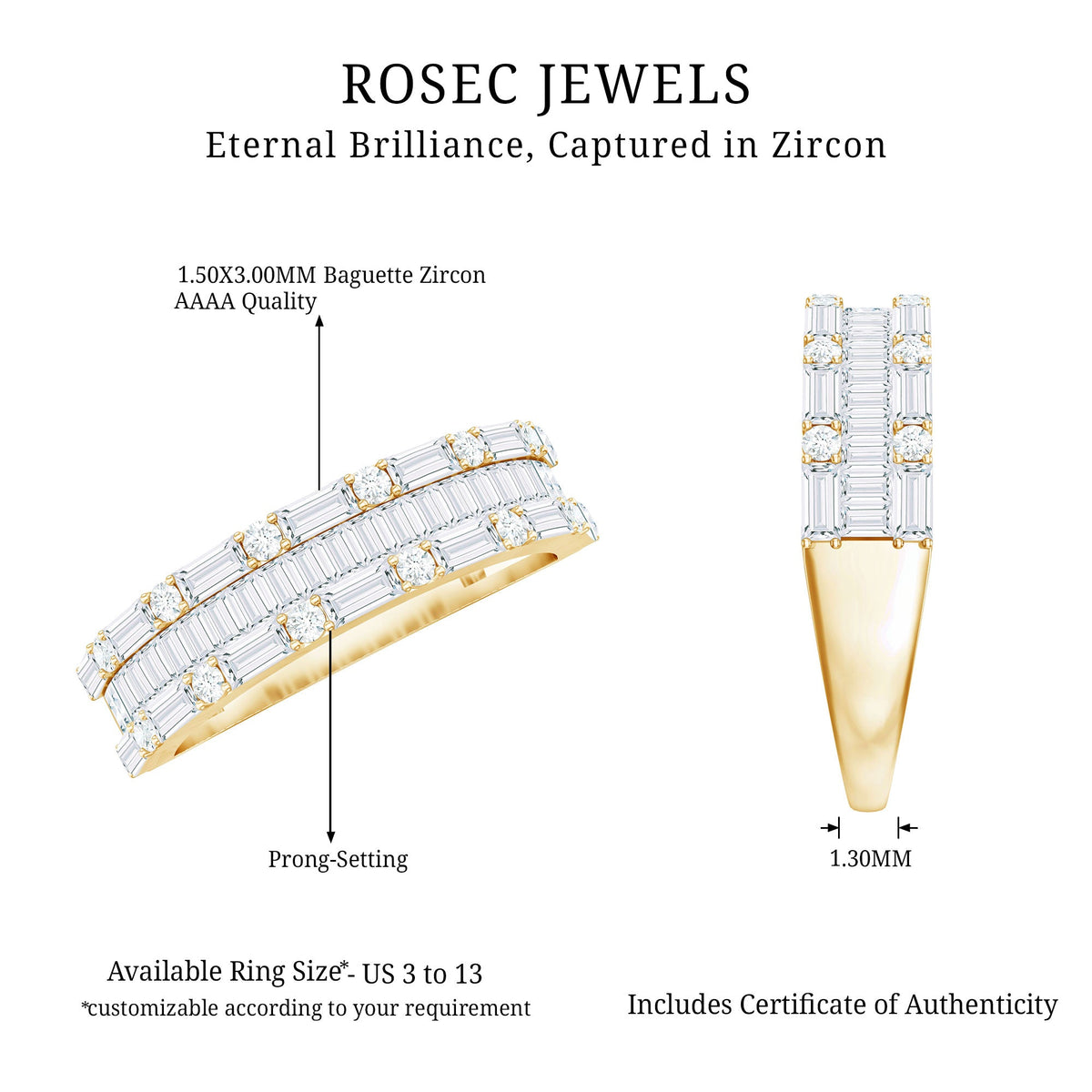 Baguette and Round Cubic Zirconia Three Row Wedding Band
