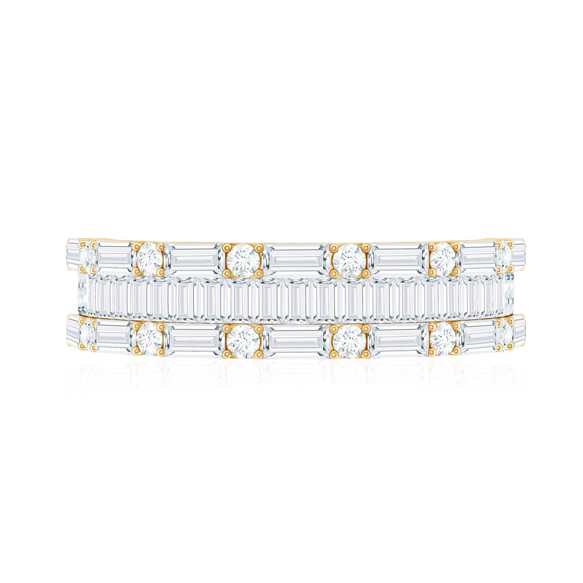 Baguette and Round Cubic Zirconia Three Row Wedding Band