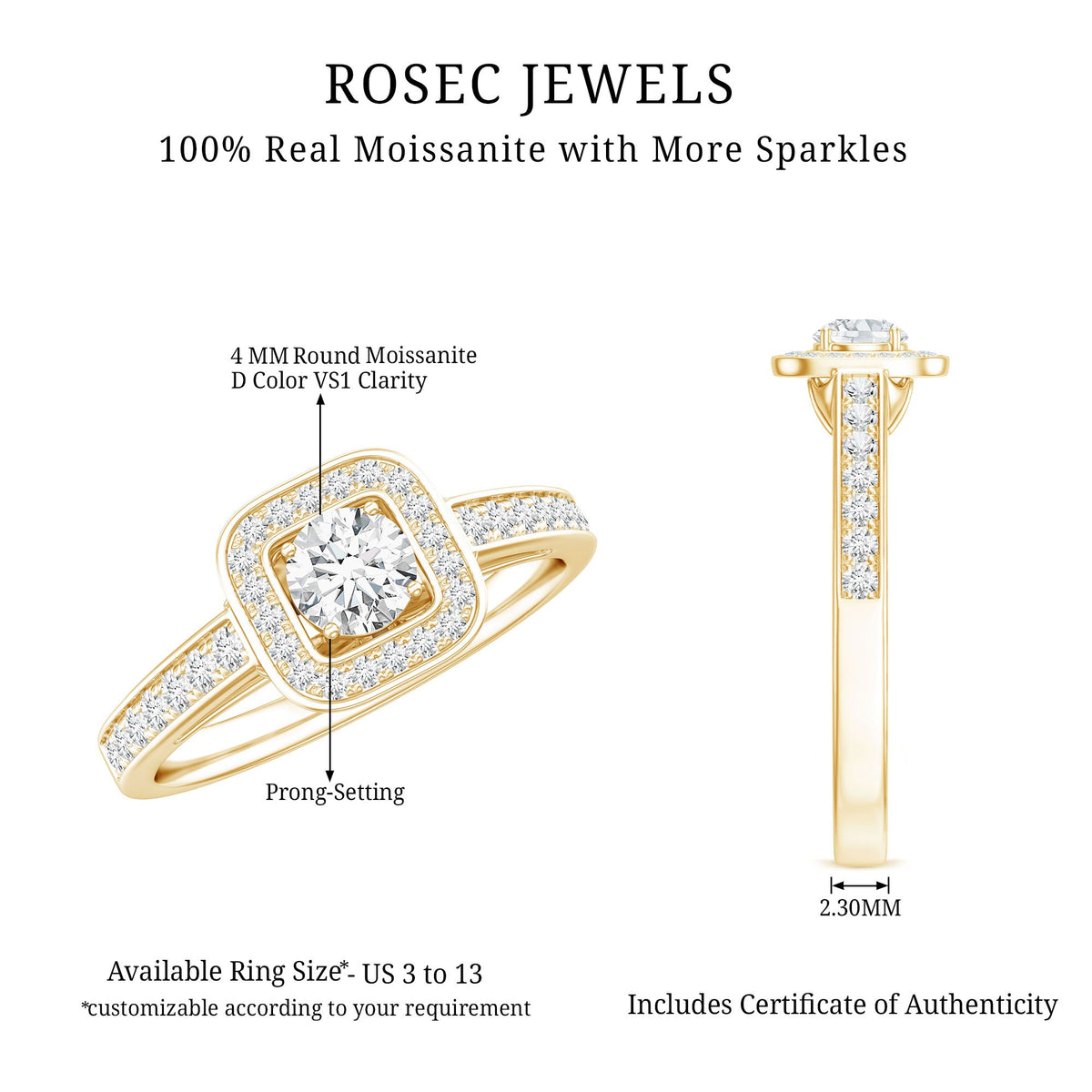 Moissanite Round Halo Engagement Ring with Certificate
