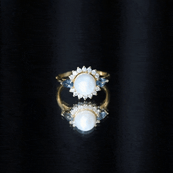 8mm freshwater cultured pearl and blue topaz designer engagement ring by Rosec Jewels, showcasing elegant pearl and gemstone details
